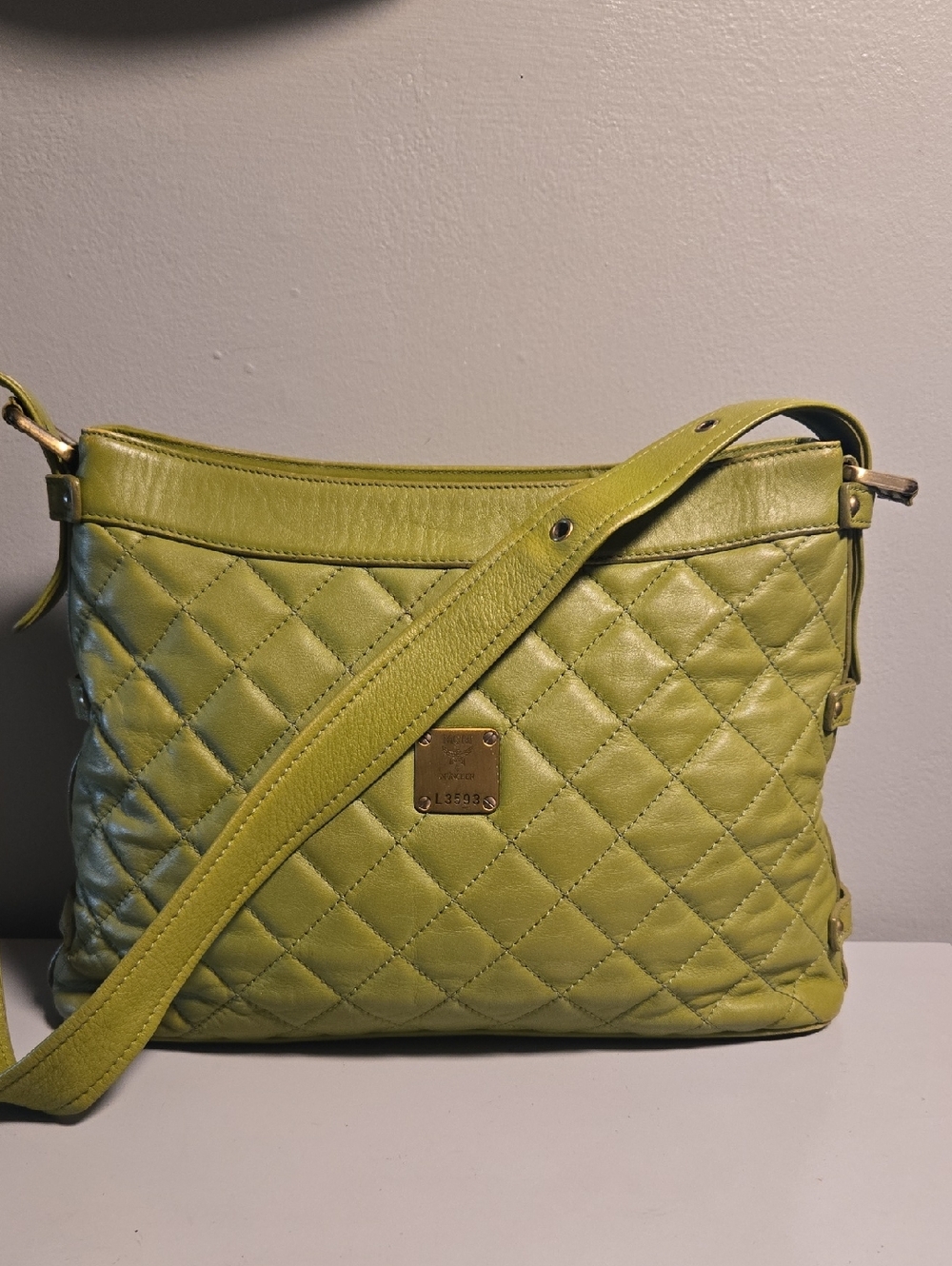 MCM Quilted Lime Green Leather Crossbody Bag